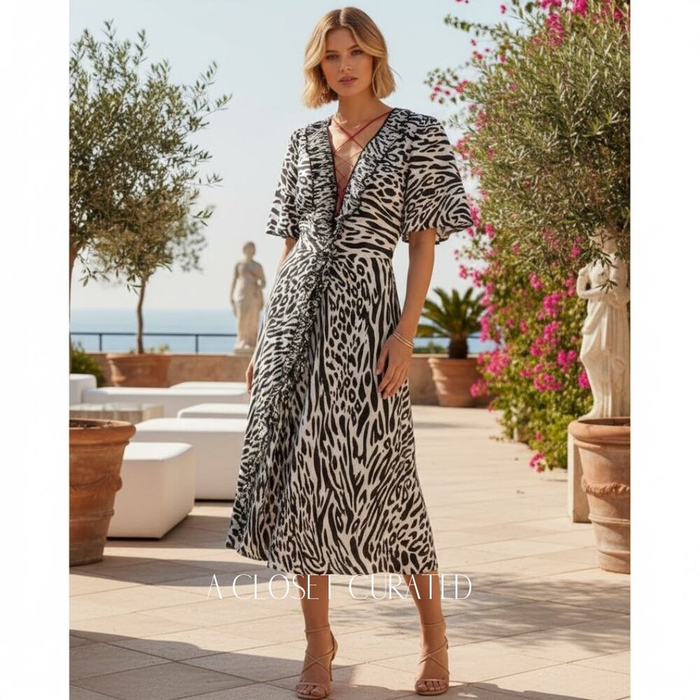 Delfi Collective Gwen Ruffle Zebra Midi Dress Small Black NWT
